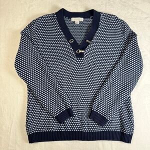 Madison Grey Navy Patterned Knit Sweater Henley Cotton Pullover women’s XL